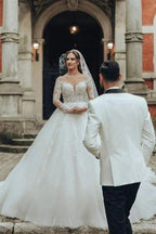Luxurious Long White Scoop Neck A-line Tulle Lace Wedding Dress with Long Sleeves by misshow.com