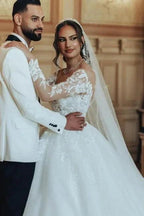 Luxurious Long White Scoop Neck A-line Tulle Lace Wedding Dress with Long Sleeves by misshow.com