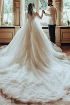 Luxurious Long White Scoop Neck A-line Tulle Lace Wedding Dress with Long Sleeves by misshow.com