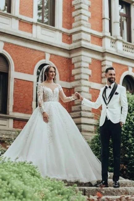 Luxurious Long White Scoop Neck A-line Tulle Lace Wedding Dress with Long Sleeves by misshow.com