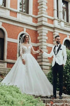 Luxurious Long White Scoop Neck A-line Tulle Lace Wedding Dress with Long Sleeves by misshow.com