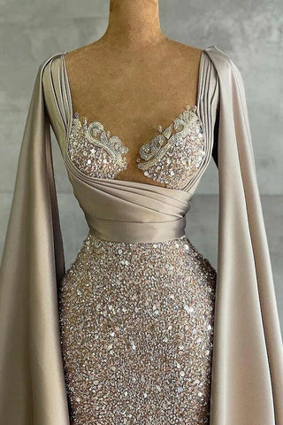 Luxuriöses langes Meerjungfrauen-Abendkleid mit Cape-Ärmeln