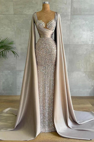 Luxuriöses langes Meerjungfrauen-Abendkleid mit Cape-Ärmeln