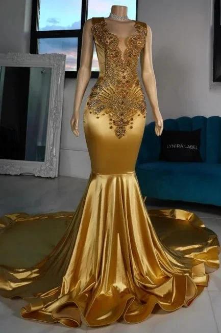Luxurious Mermaid Satin V-Neck Sleeveless Yellow Prom Dresses With Beading by misshow.com