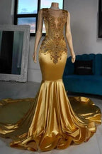 Luxurious Mermaid Satin V-Neck Sleeveless Yellow Prom Dresses With Beading by misshow.com