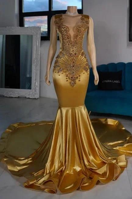 Luxurious Mermaid Satin V-Neck Sleeveless Yellow Prom Dresses With Beading by misshow.com