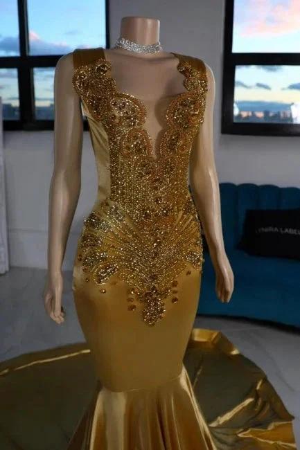 Luxurious Mermaid Satin V-Neck Sleeveless Yellow Prom Dresses With Beading by misshow.com
