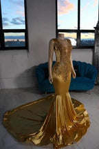 Luxurious Mermaid Satin V-Neck Sleeveless Yellow Prom Dresses With Beading by misshow.com