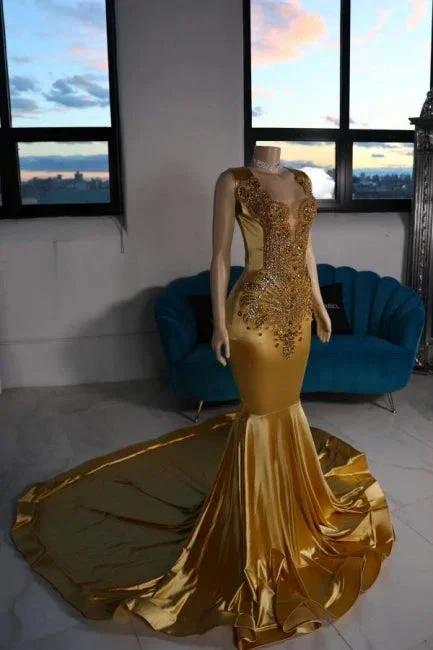 Luxurious Mermaid Satin V-Neck Sleeveless Yellow Prom Dresses With Beading by misshow.com