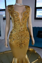 Luxurious Mermaid Satin V-Neck Sleeveless Yellow Prom Dresses With Beading by misshow.com