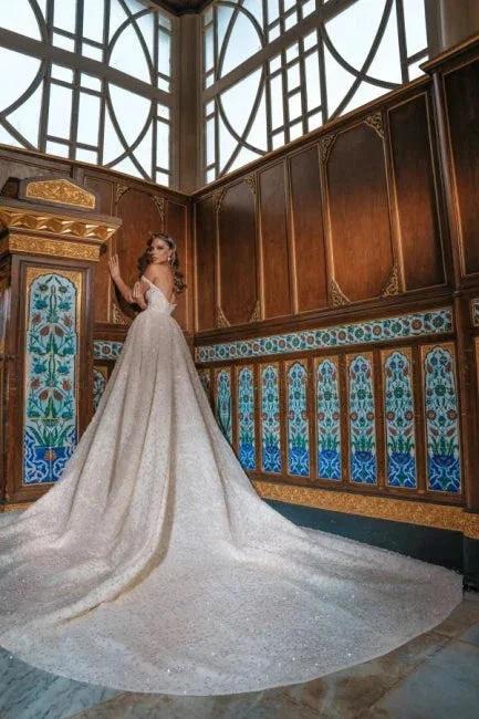 Luxurious Off-the-Shoulder Shinny Crystals Ball Gown with Front Slit Chapel Train by misshow.com