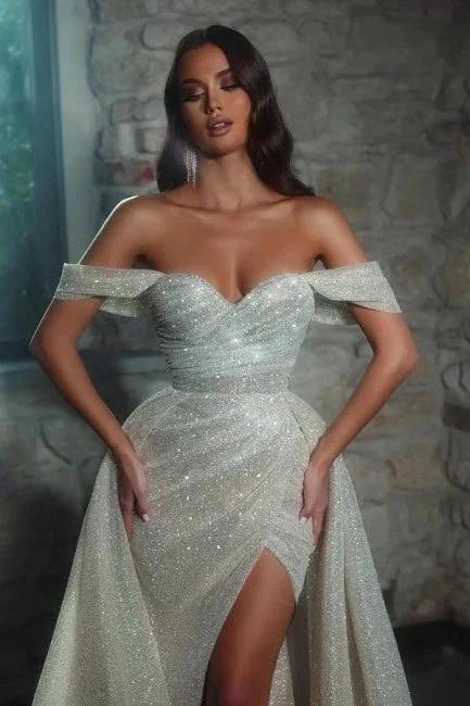 Luxurious off-the-shoulder Sleeveless A-Line Glitter Wedding Dresses With Split by misshow.com