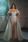 Luxurious off-the-shoulder Sleeveless A-Line Glitter Wedding Dresses With Split by misshow.com
