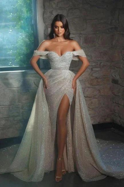 Luxurious off-the-shoulder Sleeveless A-Line Glitter Wedding Dresses With Split by misshow.com