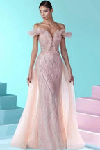 Luxurious Pink Off-the-shoulder Long Mermaid Lace Prom Dresses with Glitter by misshow.com