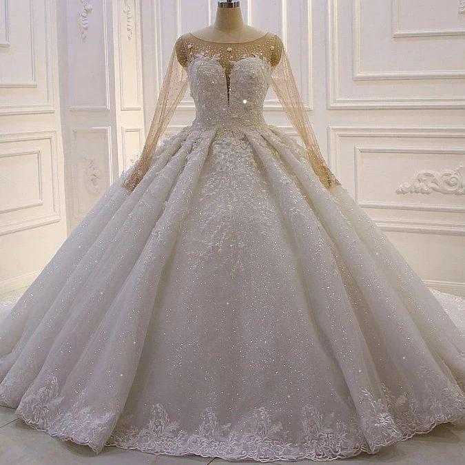 Luxurious Princess A-line Long Sleeves Flowers Lace Wedding Dress by misshow.com