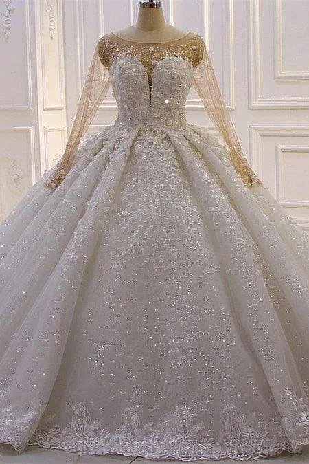 Luxurious Princess A-line Long Sleeves Flowers Lace Wedding Dress by misshow.com