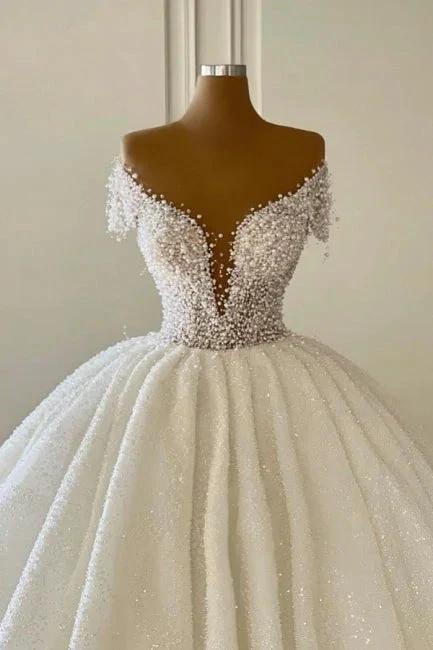 Luxurious Princess Off-the-shoulder V-neck A-line Wedding Dresses With Glitter by misshow.com