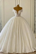 Luxurious Princess Off-the-shoulder V-neck A-line Wedding Dresses With Glitter by misshow.com