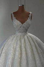 Luxurious Straps Sweetheart Lace Sleeveless Ball Gown Wedding Dresses by misshow.com