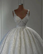 Luxurious Straps Sweetheart Lace Sleeveless Ball Gown Wedding Dresses by misshow.com