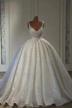 Luxurious Straps Sweetheart Lace Sleeveless Ball Gown Wedding Dresses by misshow.com