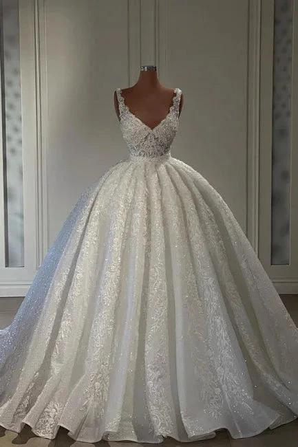 Luxurious Straps Sweetheart Lace Sleeveless Ball Gown Wedding Dresses by misshow.com