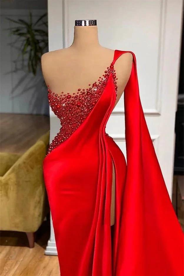 Luxuriöses, einzigartiges, rotes, ärmelloses Abendkleid im Meerjungfrauenstil mit Schlitz