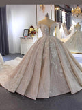 Luxury Ball Gown Off-the-Shoulder Beading Wedding Dresses With Train by BIZTUNNEL