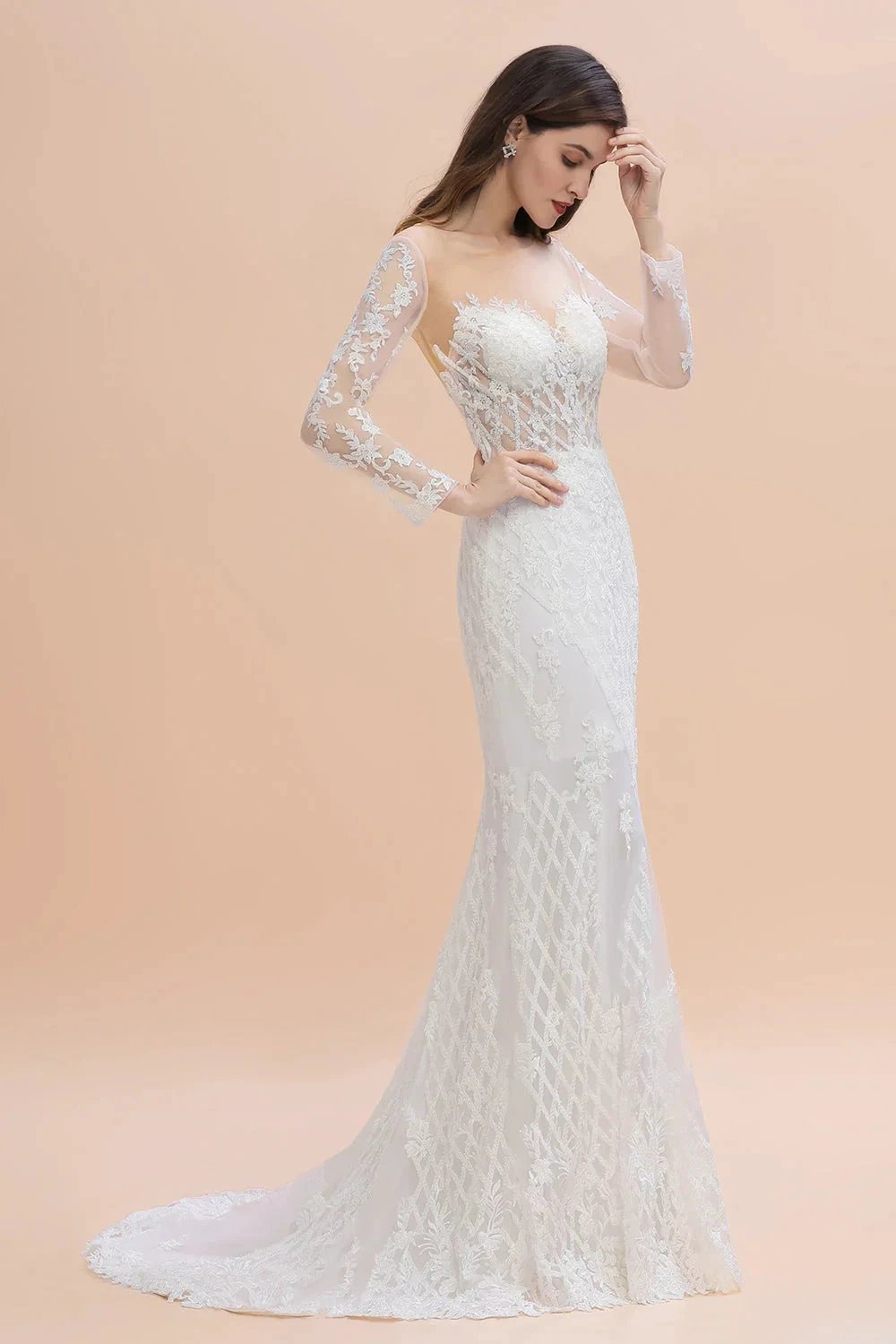 Luxury Beaded Lace Mermaid Wedding Dresses Tulle Appliques Bride Dresses with Detachable Train by misshow.com