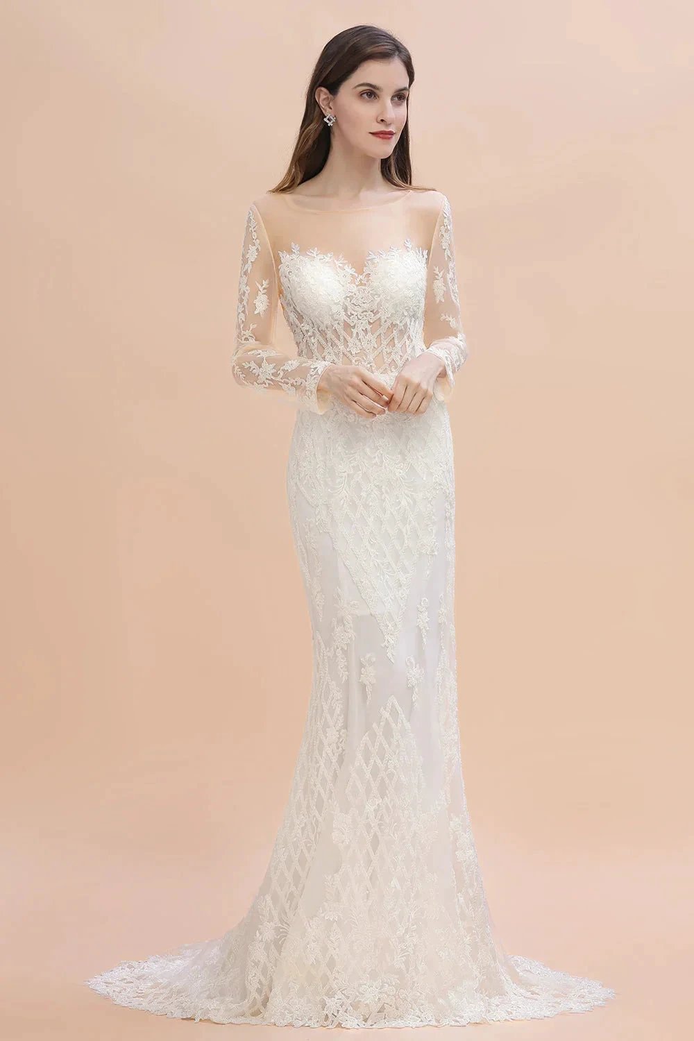 Luxury Beaded Lace Mermaid Wedding Dresses Tulle Appliques Bride Dresses with Detachable Train by misshow.com