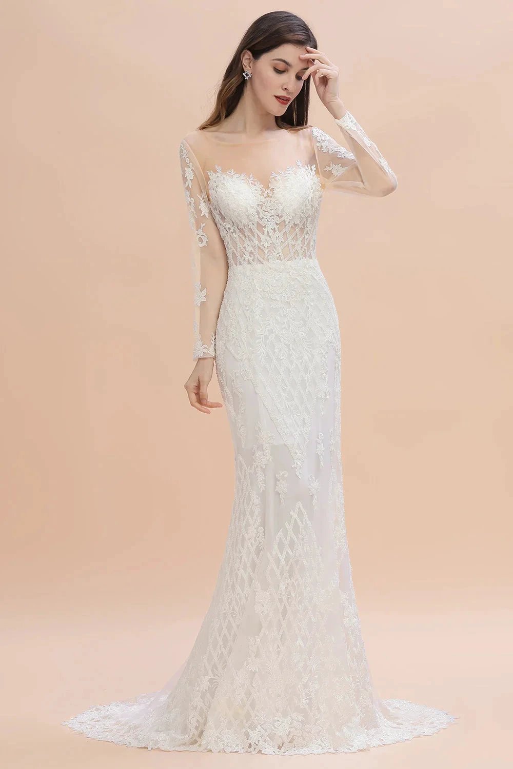 Luxury Beaded Lace Mermaid Wedding Dresses Tulle Appliques Bride Dresses with Detachable Train by misshow.com