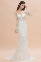 Luxury Beaded Lace Mermaid Wedding Dresses Tulle Appliques Bride Dresses with Detachable Train by misshow.com