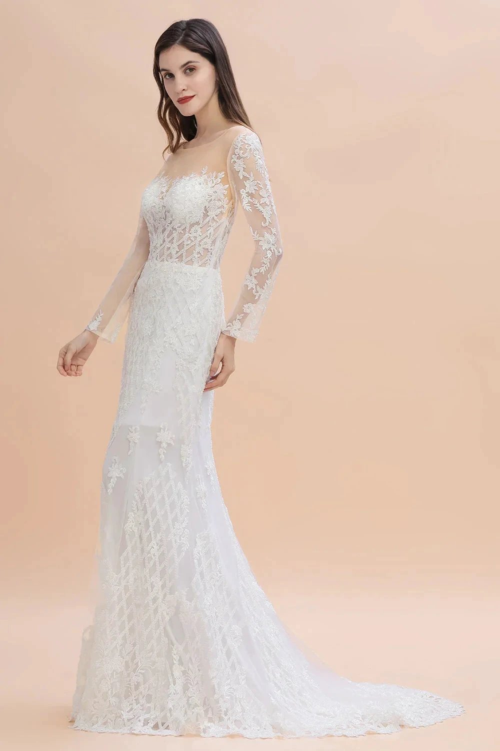 Luxury Beaded Lace Mermaid Wedding Dresses Tulle Appliques Bride Dresses with Detachable Train by misshow.com