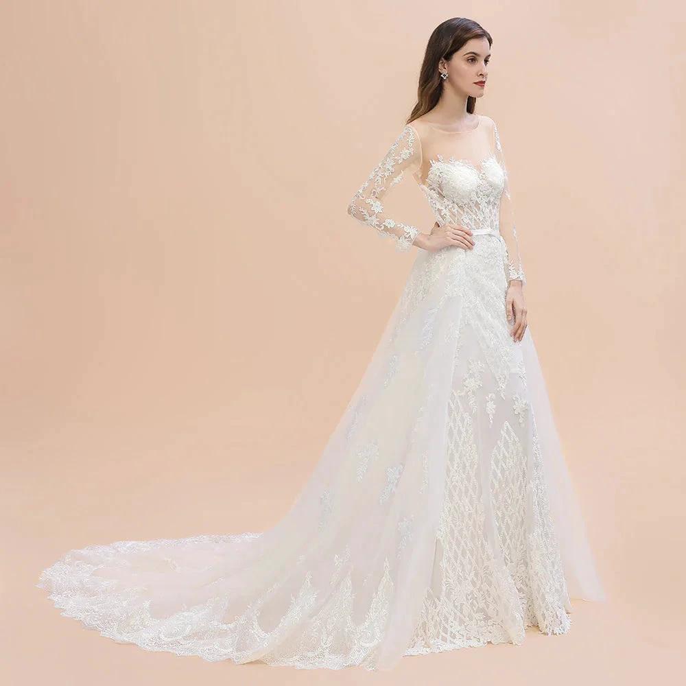 Luxury Beaded Lace Mermaid Wedding Dresses Tulle Appliques Bride Dresses with Detachable Train by misshow.com