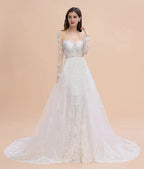Luxury Beaded Lace Mermaid Wedding Dresses Tulle Appliques Bride Dresses with Detachable Train by misshow.com