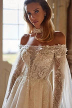 Luxury Beautiful Off-the-shoulder long sleeves a-line lace Wedding Dresses beading by misshow.com