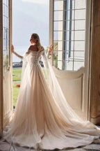 Luxury Beautiful Off-the-shoulder long sleeves a-line lace Wedding Dresses beading by misshow.com