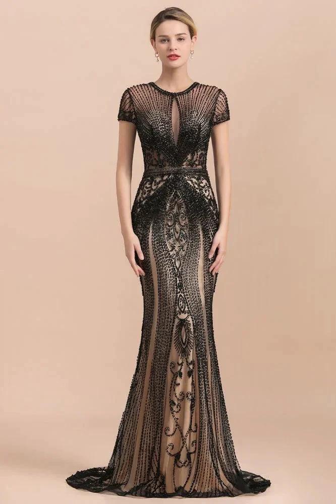 Luxury Black Covered Beaded Mermaid Prom Dress Cap Sleeves Party Dress by misshow.com
