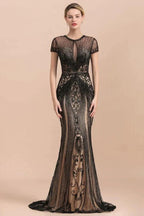 Luxury Black Covered Beaded Mermaid Prom Dress Cap Sleeves Party Dress by misshow.com