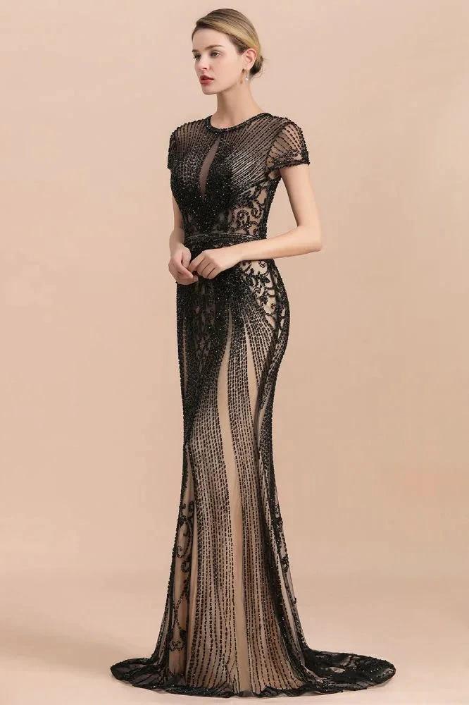 Luxury Black Covered Beaded Mermaid Prom Dress Cap Sleeves Party Dress by misshow.com
