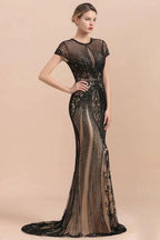 Luxury Black Covered Beaded Mermaid Prom Dress Cap Sleeves Party Dress by misshow.com