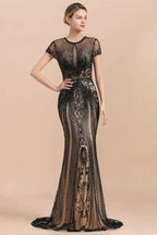 Luxury Black Covered Beaded Mermaid Prom Dress Cap Sleeves Party Dress by misshow.com