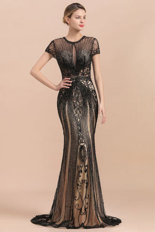 Luxury Black Covered Beaded Mermaid Prom Dress Cap Sleeves Party Dress