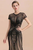 Luxury Black Covered Beaded Mermaid Prom Dress Cap Sleeves Party Dress by misshow.com