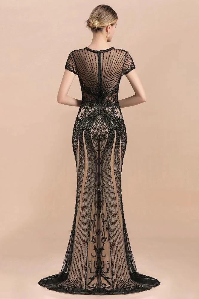 Luxury Black Covered Beaded Mermaid Prom Dress Cap Sleeves Party Dress by misshow.com