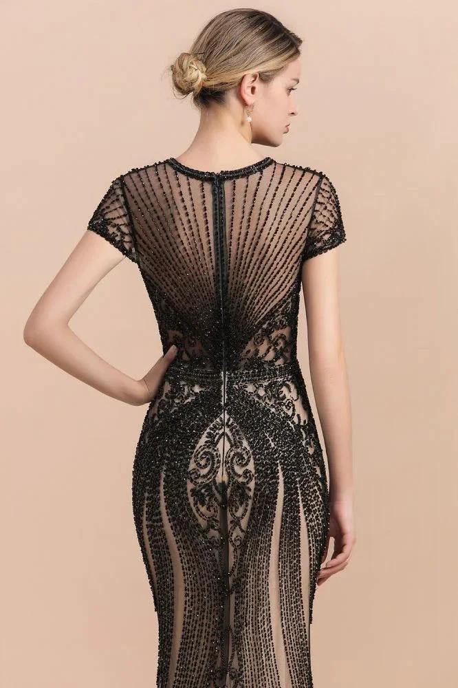 Luxury Black Covered Beaded Mermaid Prom Dress Cap Sleeves Party Dress by misshow.com