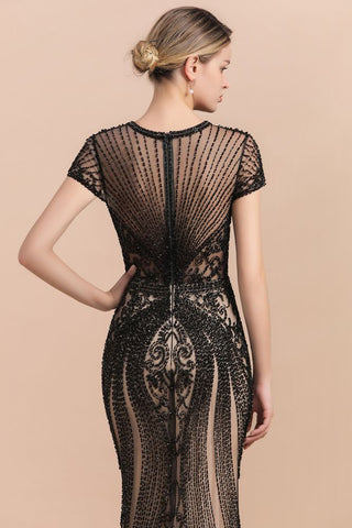 Luxury Black Covered Beaded Mermaid Prom Dress Cap Sleeves Party Dress