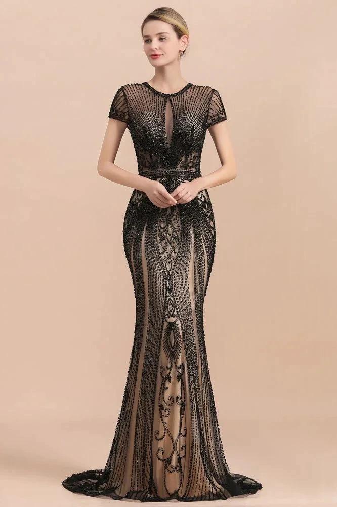 Luxury Black Covered Beaded Mermaid Prom Dress Cap Sleeves Party Dress by misshow.com