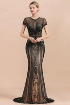 Luxury Black Covered Beaded Mermaid Prom Dress Cap Sleeves Party Dress by misshow.com